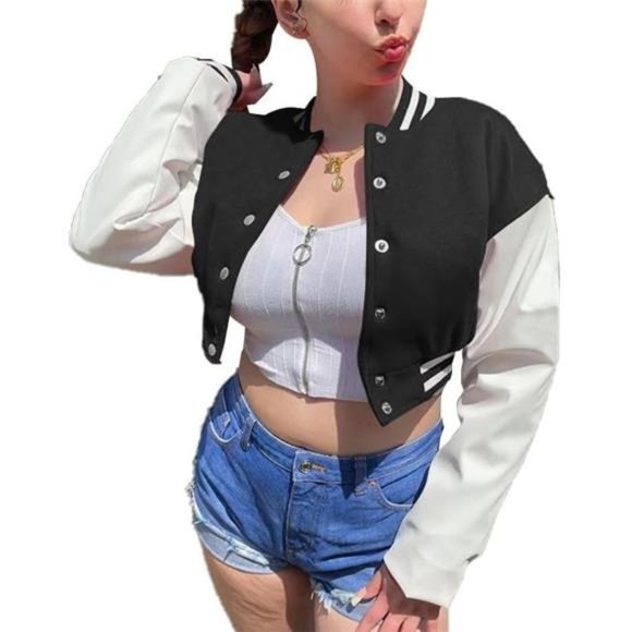 Women’s Crop Baseball Jacket Faux Leather Coat Punk Hiphop Outwear - Picture 1 of 6